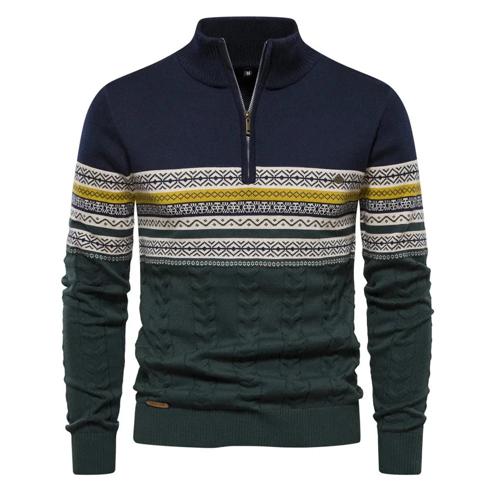 Men's Half-Zip Denim Quarter-Zip Sweater, Fair-Isle Winter Ribbed Pullover