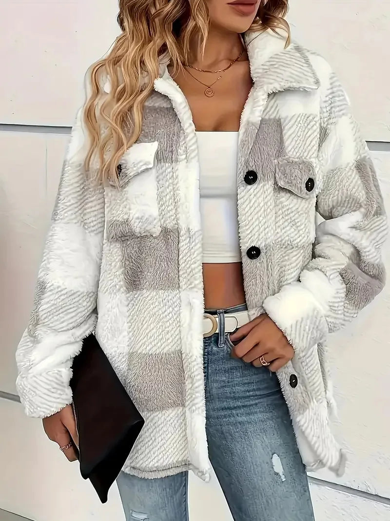 Women's Plaid Fleece Shirt Jacket, Button Front Flap Pocket Oversized Overshirt