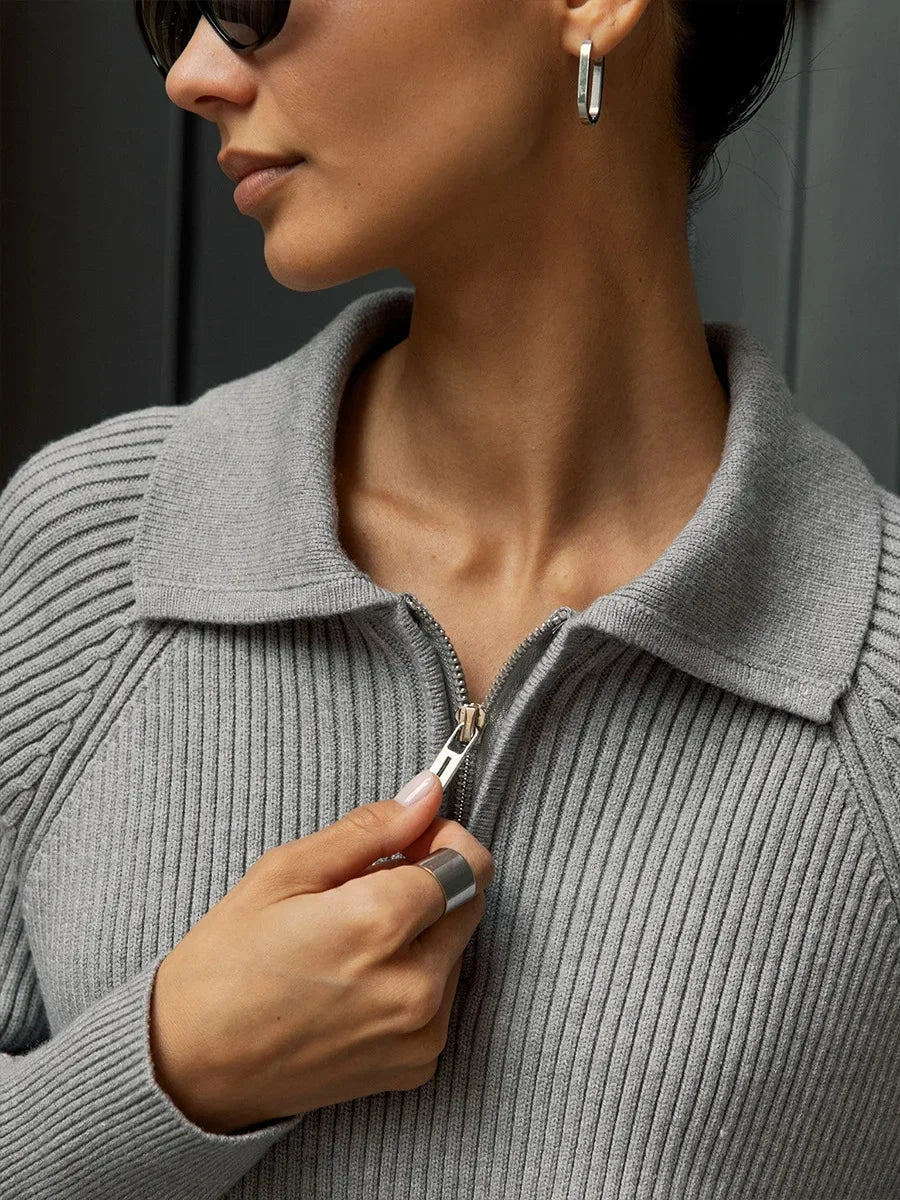 Women's Ribbed Knit Quarter Zip Sweater, Wide Collar Relaxed Pullover