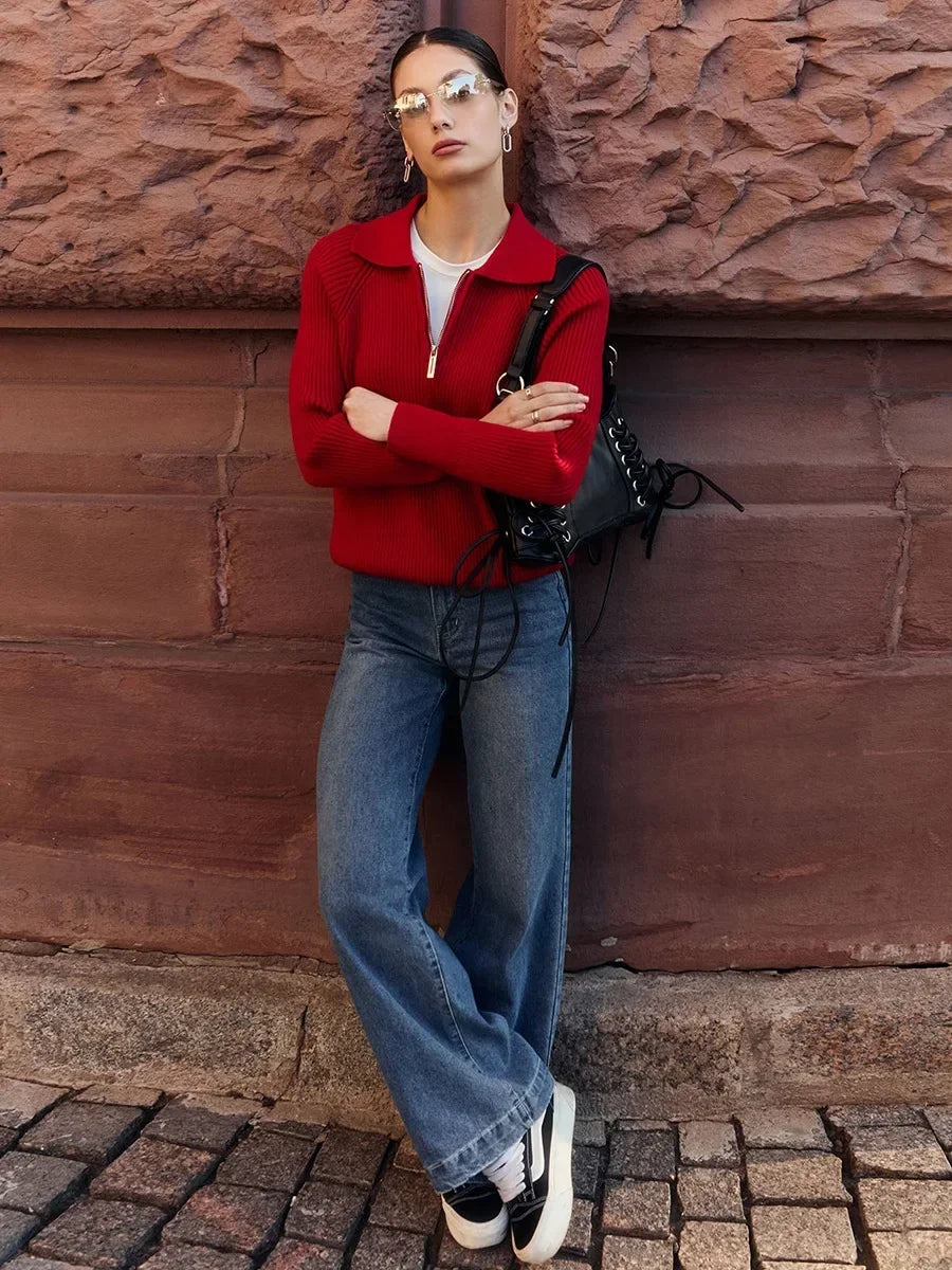 Women's Ribbed Knit Quarter Zip Sweater, Wide Collar Relaxed Pullover
