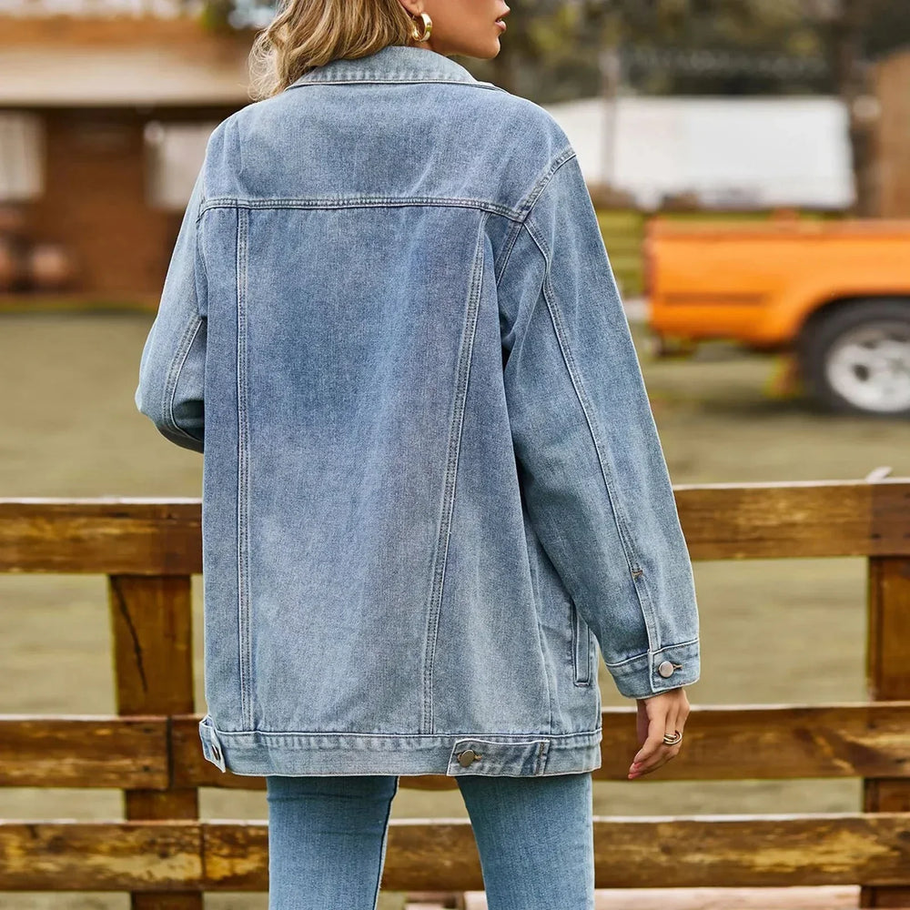Women's Oversized Denim Jacket, Longline Button Front Trucker Jacket