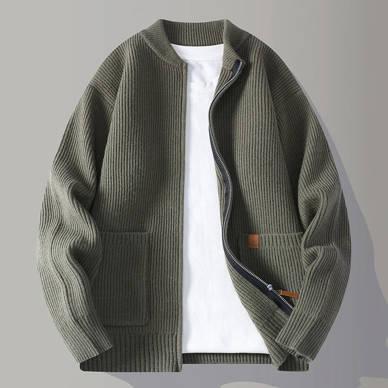 Men's Ribbed Knit Zip Up Jacket, Stand Collar Sweater Jacket