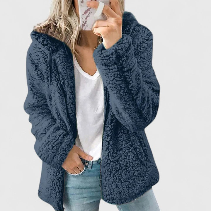 Women's Hooded Teddy Fleece Jacket, Fuzzy Relaxed Fit Winter Coat