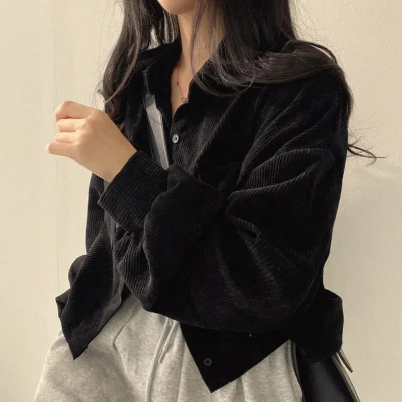 Women's Oversized Corduroy Shirt Jacket, Cropped Button Front Flap Pocket Jacket