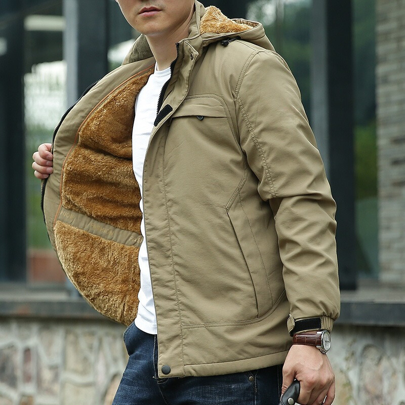 Men's Plush Lined Hooded Utility Jacket, Zip Up Adjustable Cuff Winter Jacket