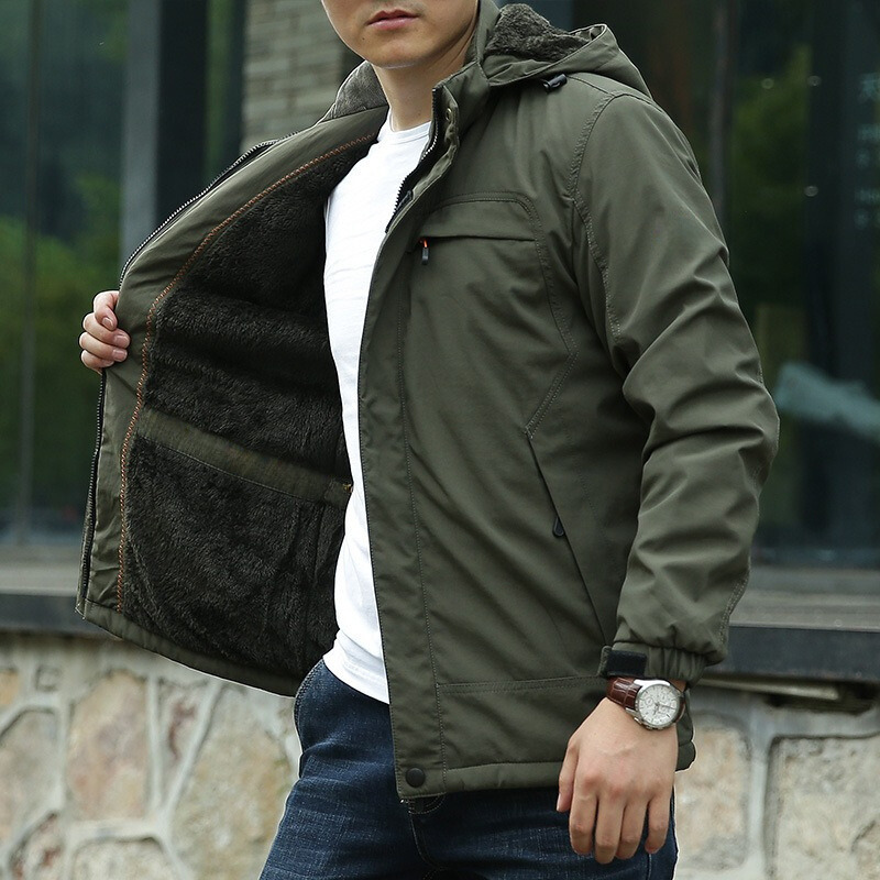 Men's Plush Lined Hooded Utility Jacket, Zip Up Adjustable Cuff Winter Jacket