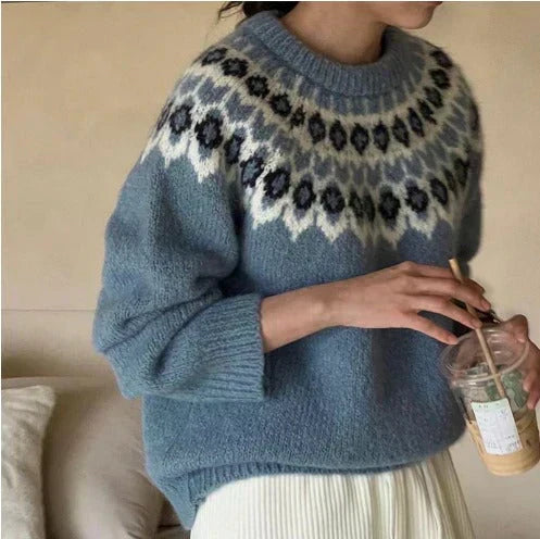 Women's Blossom Fair Isle Yoke Sweater, Relaxed Fuzzy Crewneck Pullover