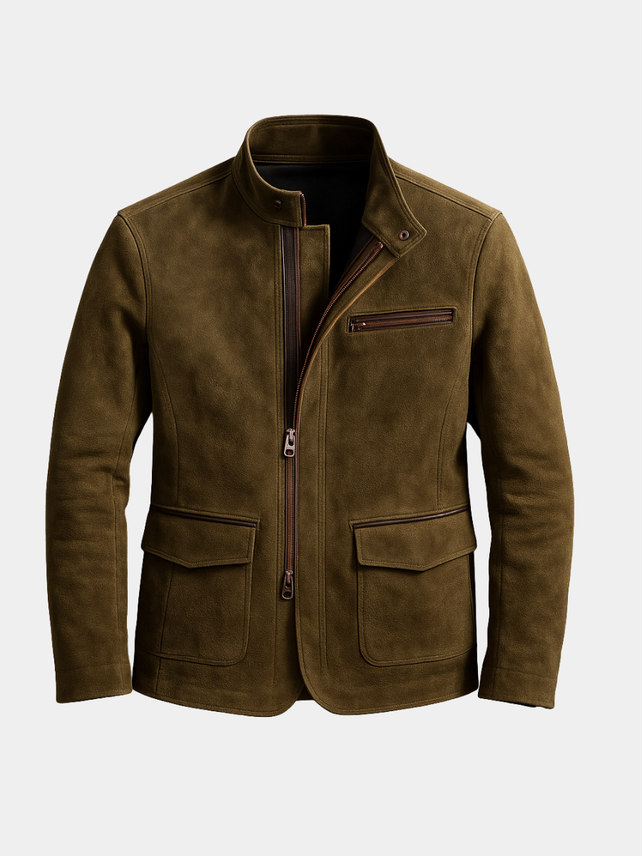 Men's Faux Suede Field Jacket, Zip Up Snap Tab Stand Collar Jacket