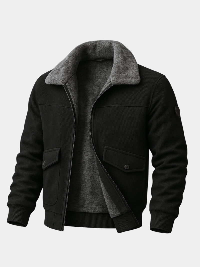 Men's Faux Fur Collar Bomber Jacket, Fleece Lined Zip Up Winter Jacket
