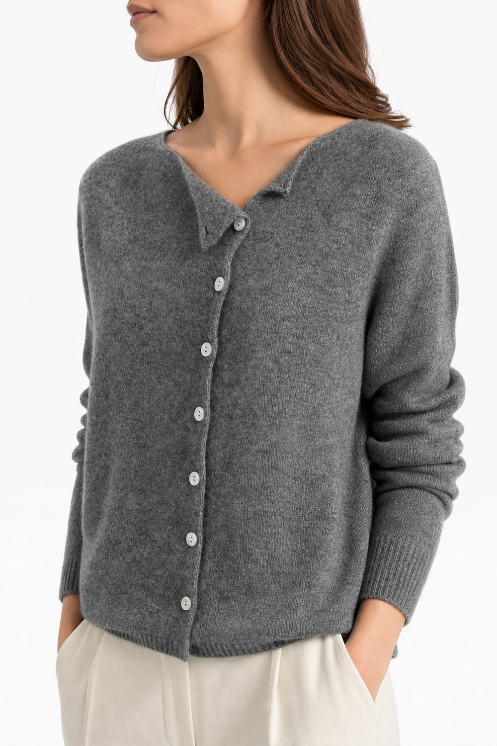 Women's Asymmetric Button Cardigan, Soft Knit Round Neck Everyday Sweater