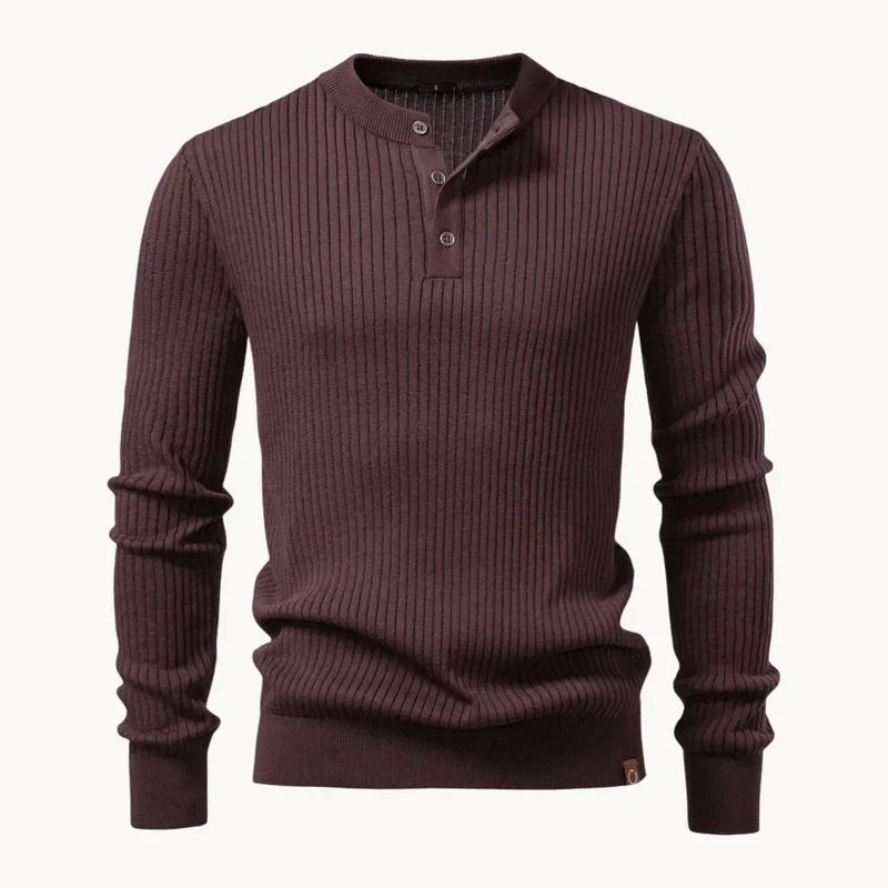 Men's Ribbed Knit Henley Sweater, Three Button Long Sleeve Pullover