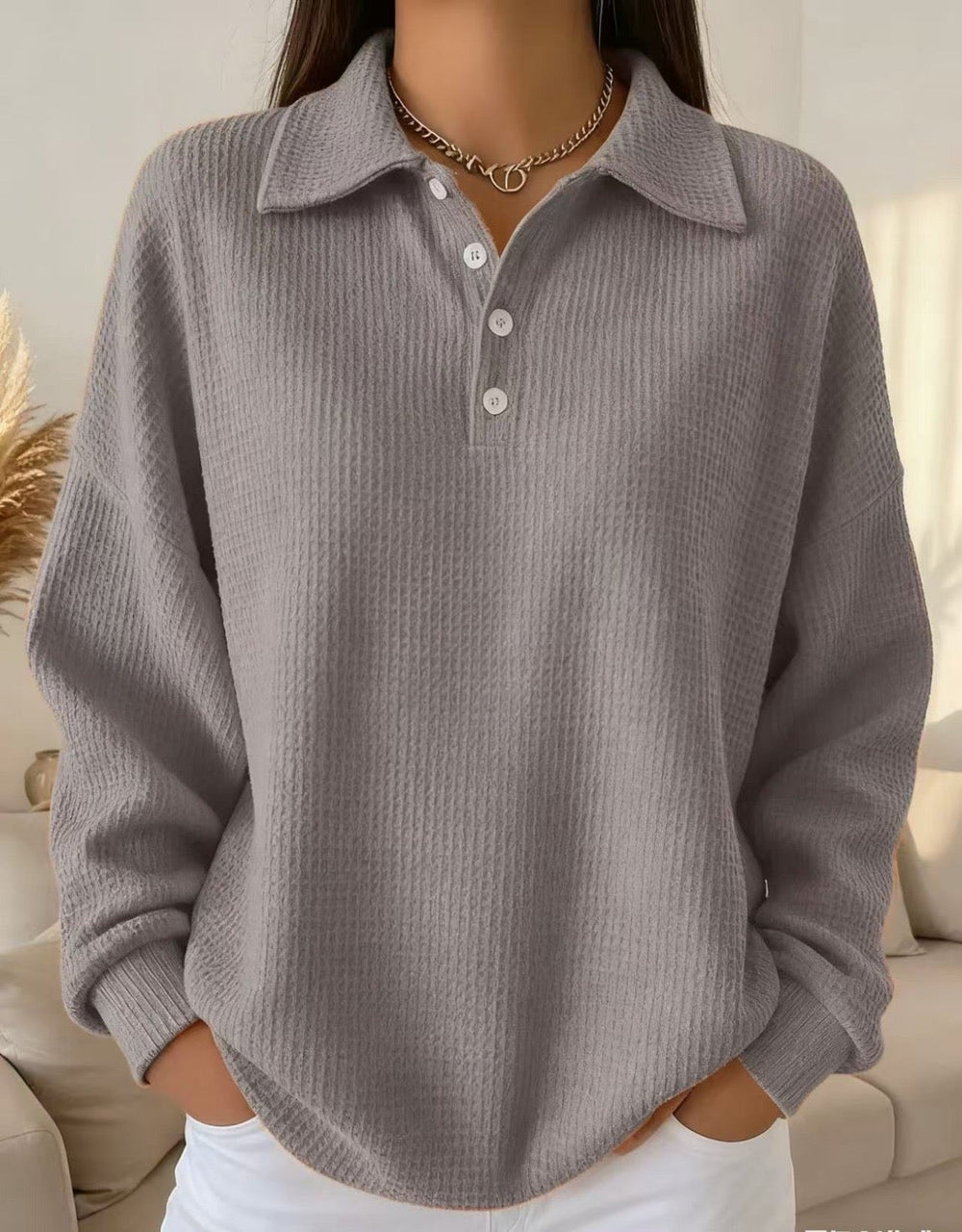 Women's Waffle Knit Polo Sweater, Four Button Collared Oversized Pullover