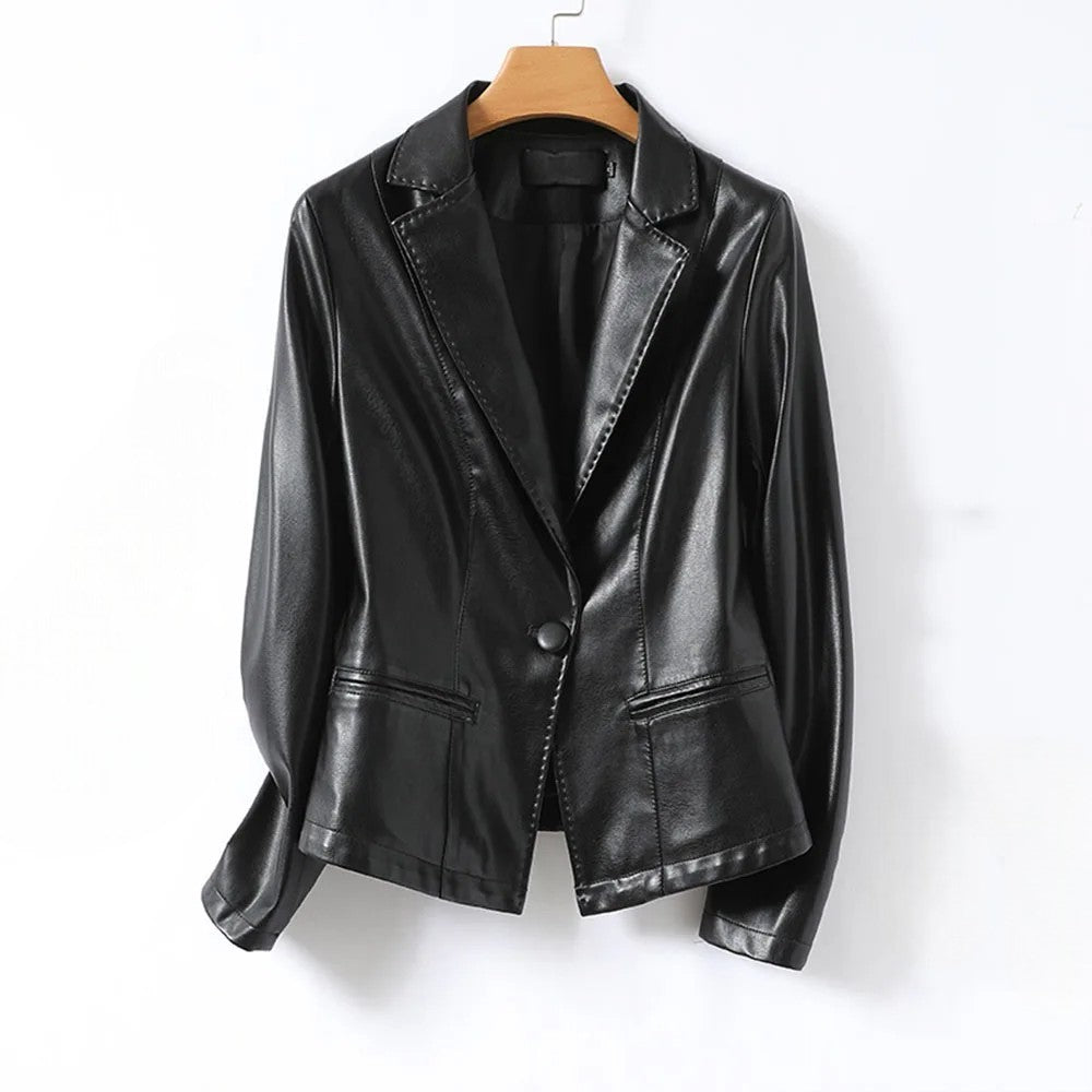 Women's Faux Leather Blazer, One Button Notch Lapel Fitted Office Jacket