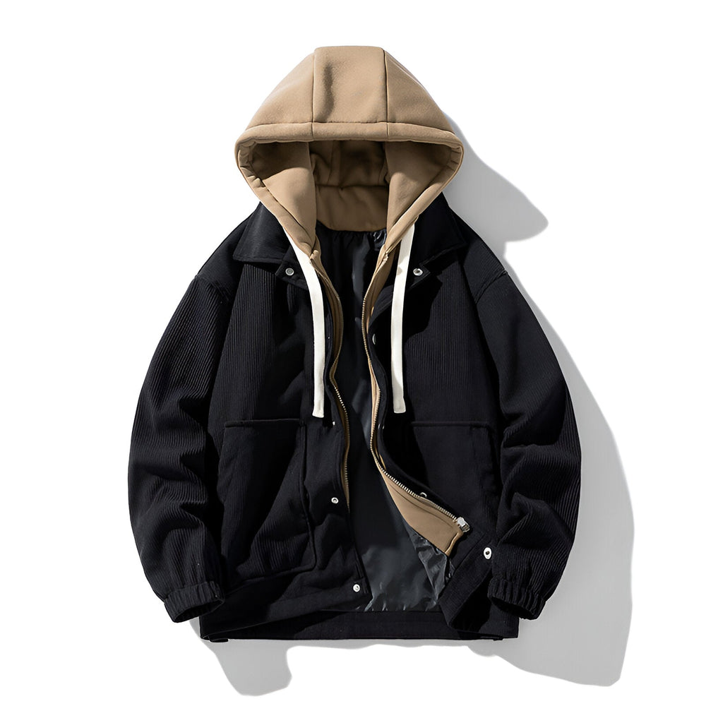 Men's Layered Hooded Corduroy Jacket, Snap Front Contrast Hood Zip Up Jacket