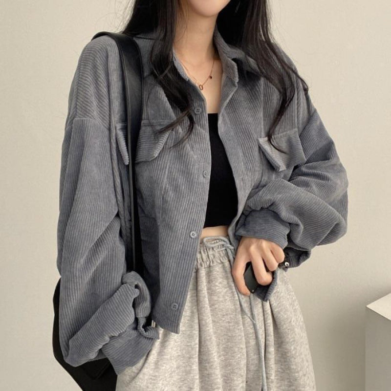 Women's Oversized Corduroy Shirt Jacket, Cropped Button Front Flap Pocket Jacket