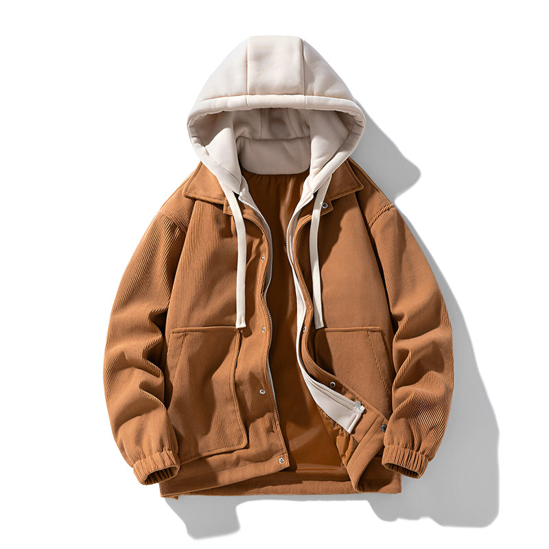 Men's Layered Hooded Corduroy Jacket, Snap Front Contrast Hood Zip Up Jacket