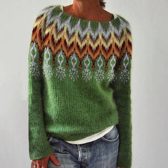 Women's Fair Isle Yoke Sweater, Chevron Pattern Crewneck Winter Pullover