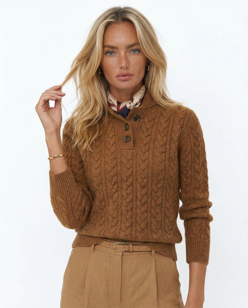 Women's Cable Knit Button Neck Sweater, Stand Collar Henley Pullover