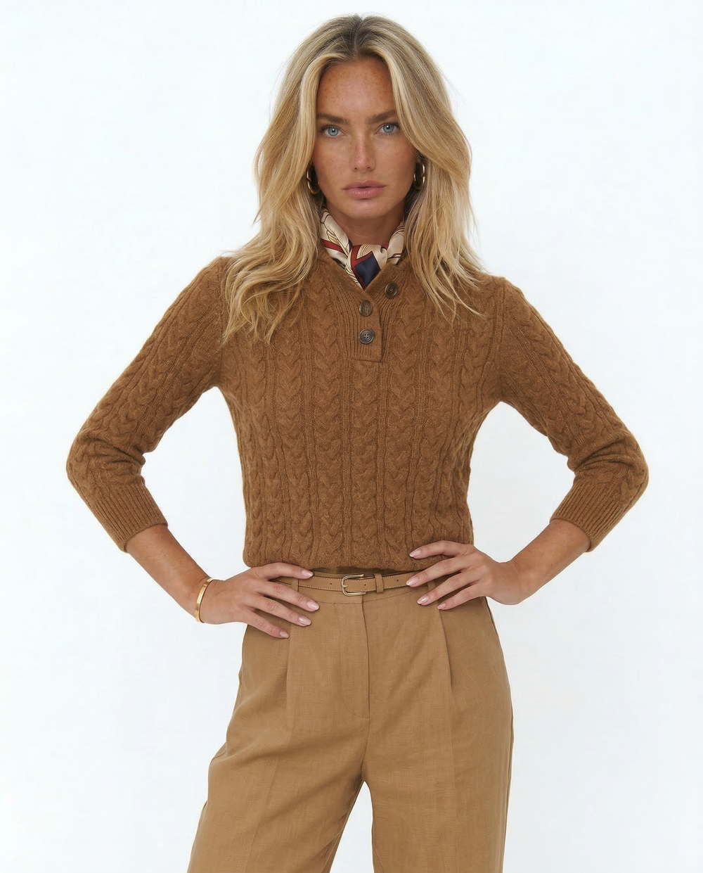 Women's Cable Knit Button Neck Sweater, Stand Collar Henley Pullover