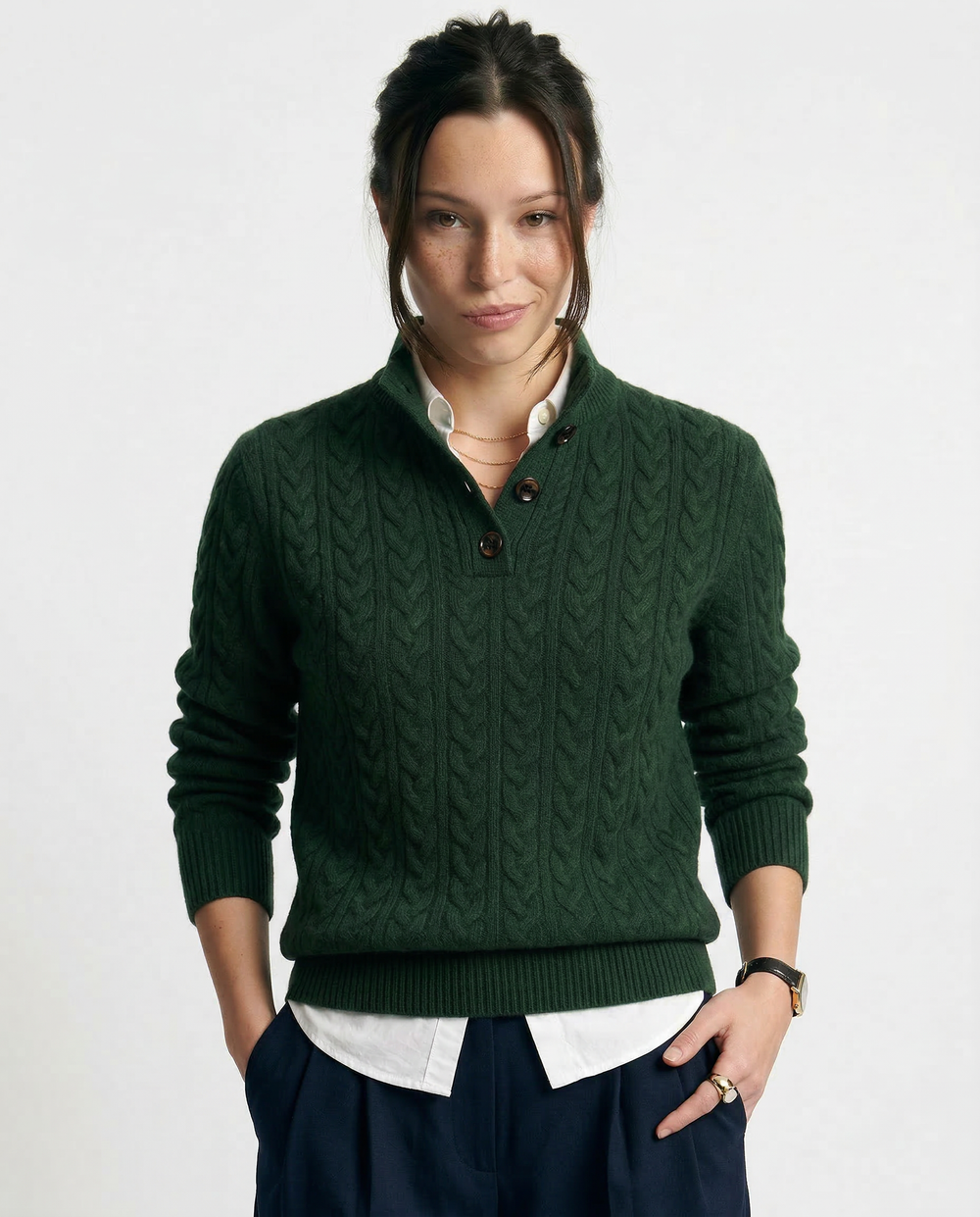 Women's Cable Knit Button Neck Sweater, Stand Collar Henley Pullover
