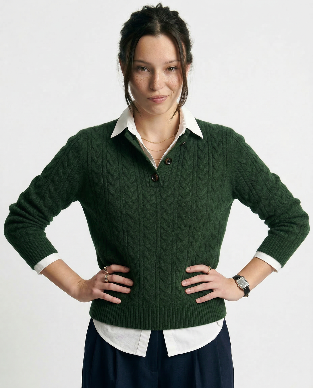 Women's Cable Knit Button Neck Sweater, Stand Collar Henley Pullover