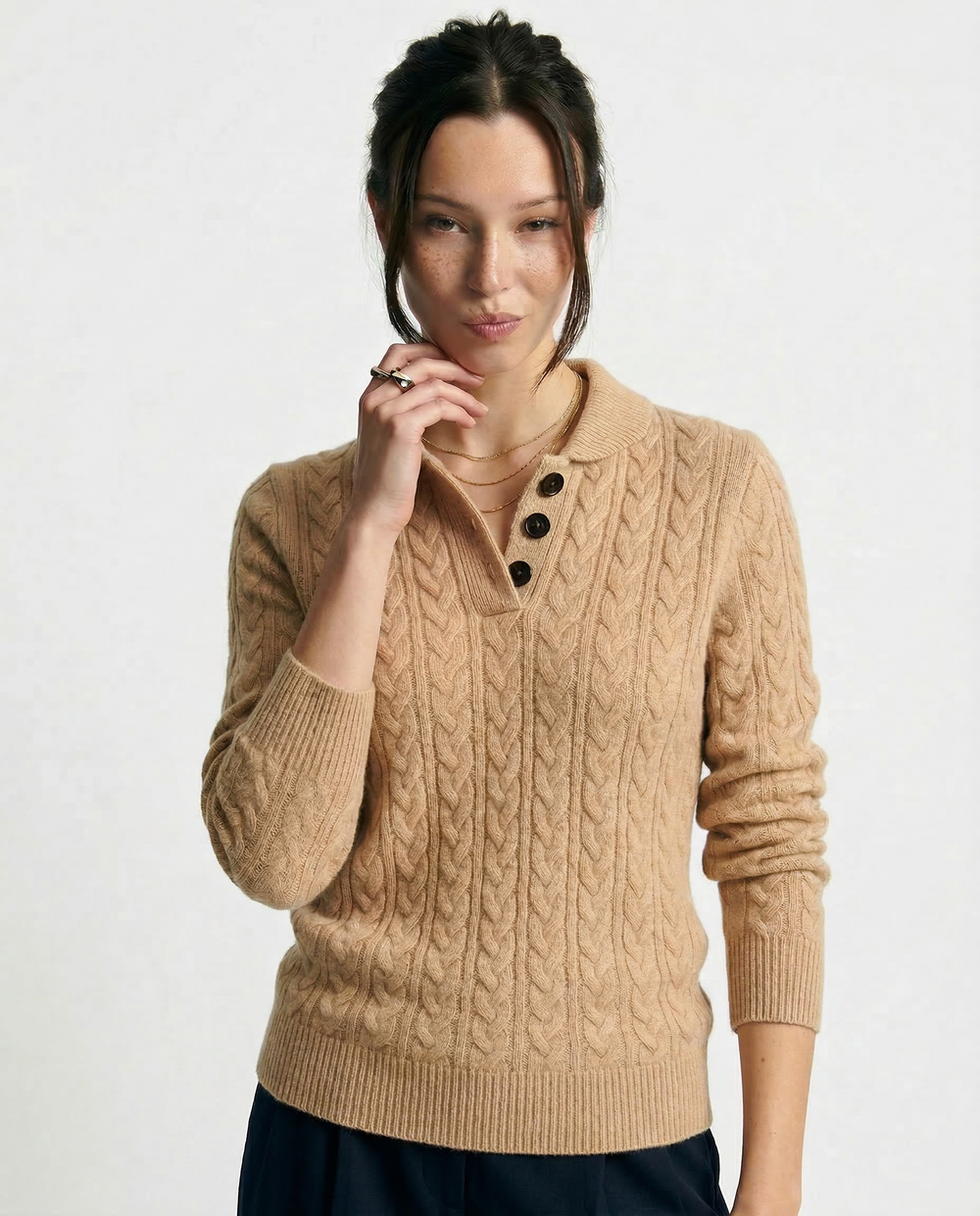 Women's Cable Knit Button Neck Sweater, Stand Collar Henley Pullover