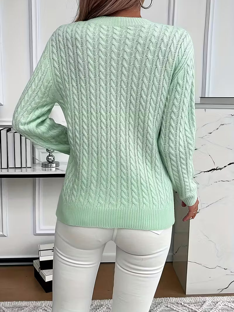 Women's Cable Knit Crewneck Sweater, Classic Fit Long Sleeve Winter Pullover