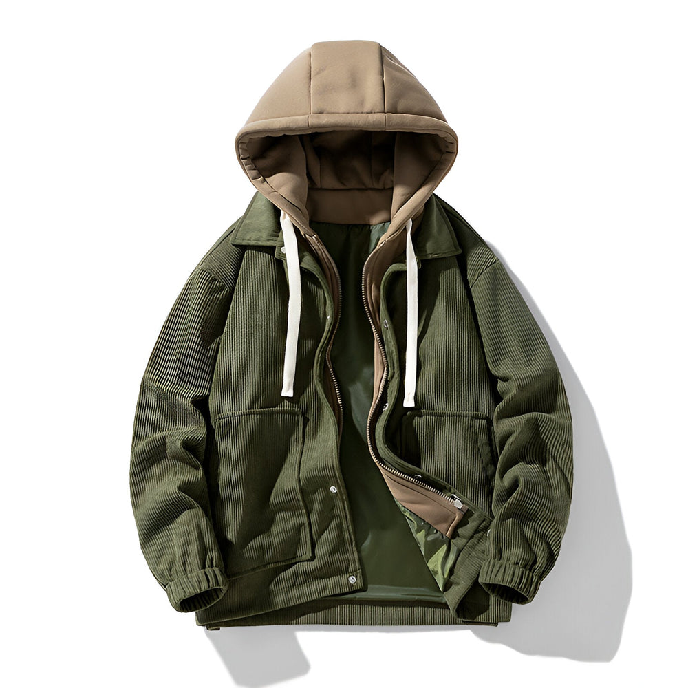 Men's Layered Hooded Corduroy Jacket, Snap Front Contrast Hood Zip Up Jacket
