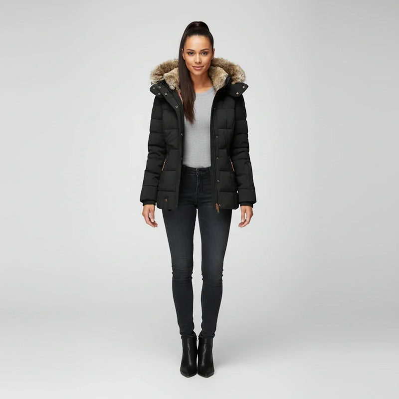 Women's Faux Fur Trim Hooded Puffer Jacket, Quilted Zip Up Snap Front Winter Coat