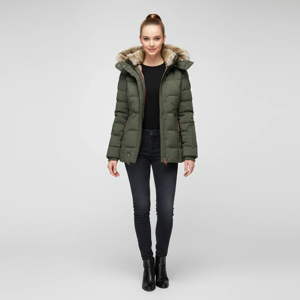 Women's Faux Fur Trim Hooded Puffer Jacket, Quilted Zip Up Snap Front Winter Coat