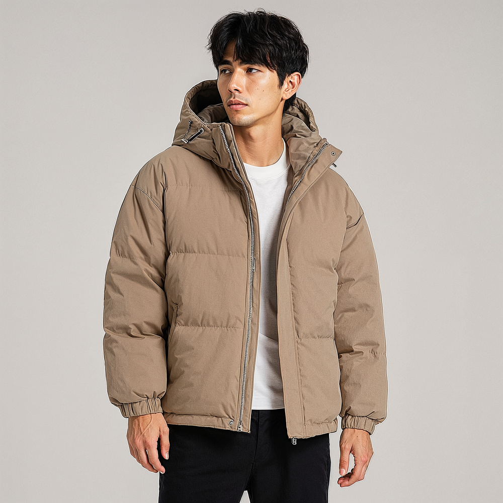 Men's Boxy Hooded Puffer Jacket, Quilted Drawcord Hem Zip Up Winter Coat