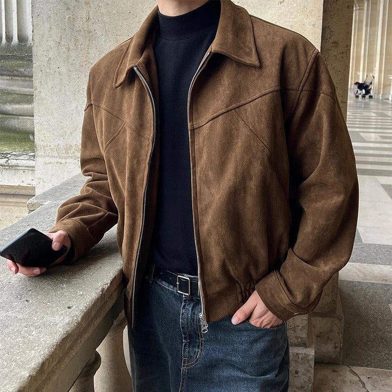 Men's Faux Suede Cropped Jacket, Zip Up Spread Collar Western Yoke Jacket