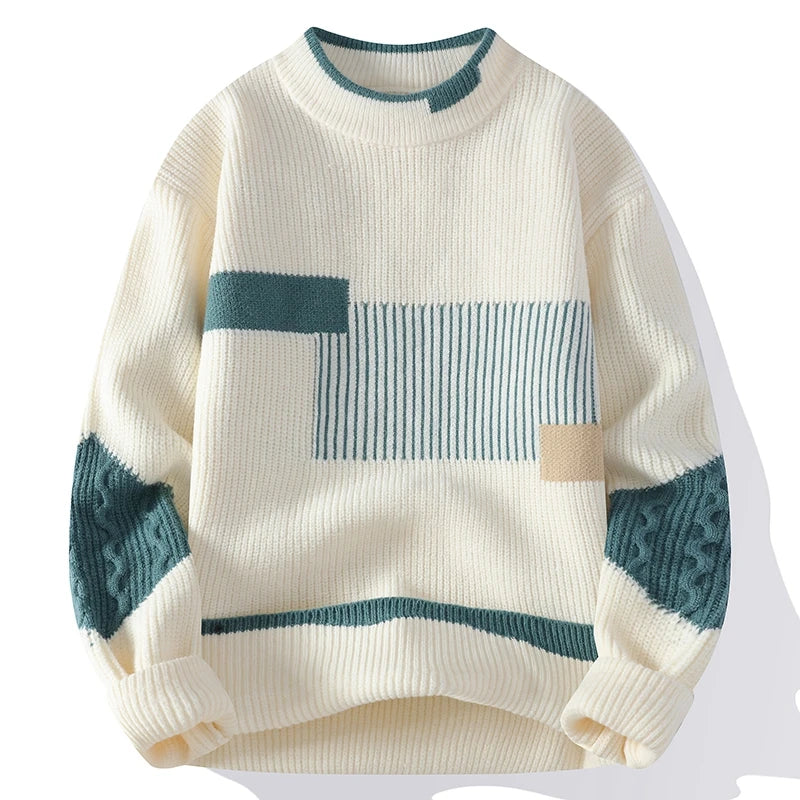 Men's Color Block Patchwork Sweater, Relaxed Crewneck Cable Sleeve Pullover