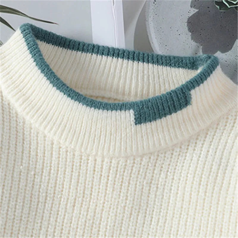 Men's Color Block Patchwork Sweater, Relaxed Crewneck Cable Sleeve Pullover