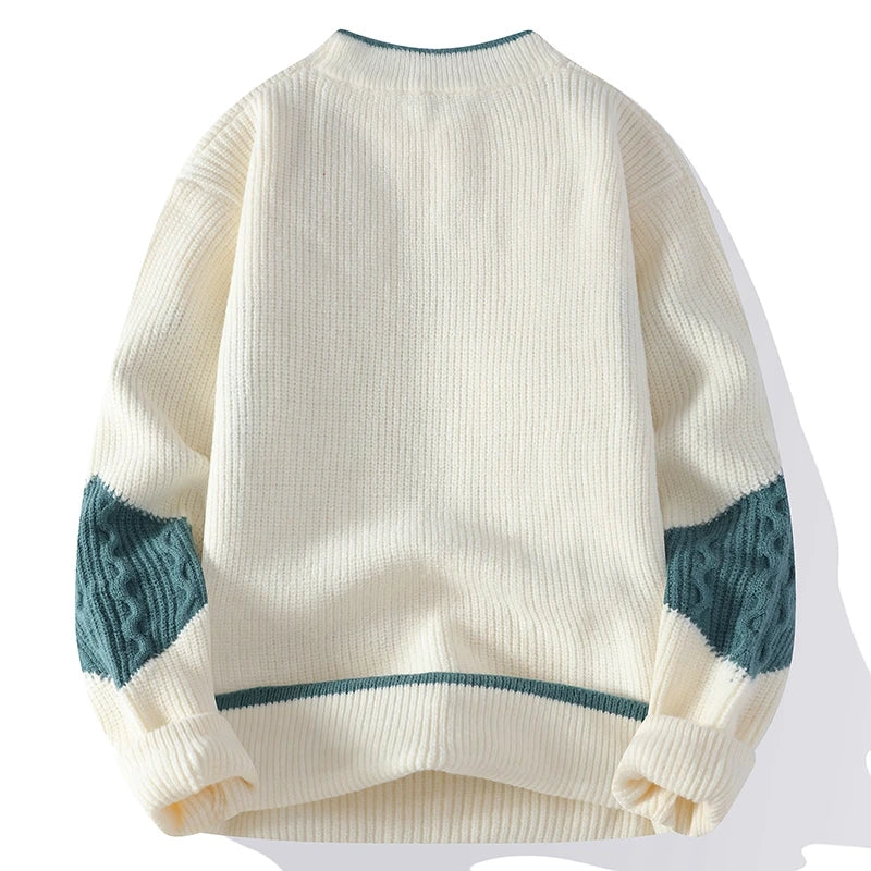 Men's Color Block Patchwork Sweater, Relaxed Crewneck Cable Sleeve Pullover