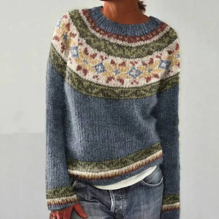 Women's Fair Isle Yoke and Hem Sweater, Fuzzy Knit Crewneck Retro Pullover