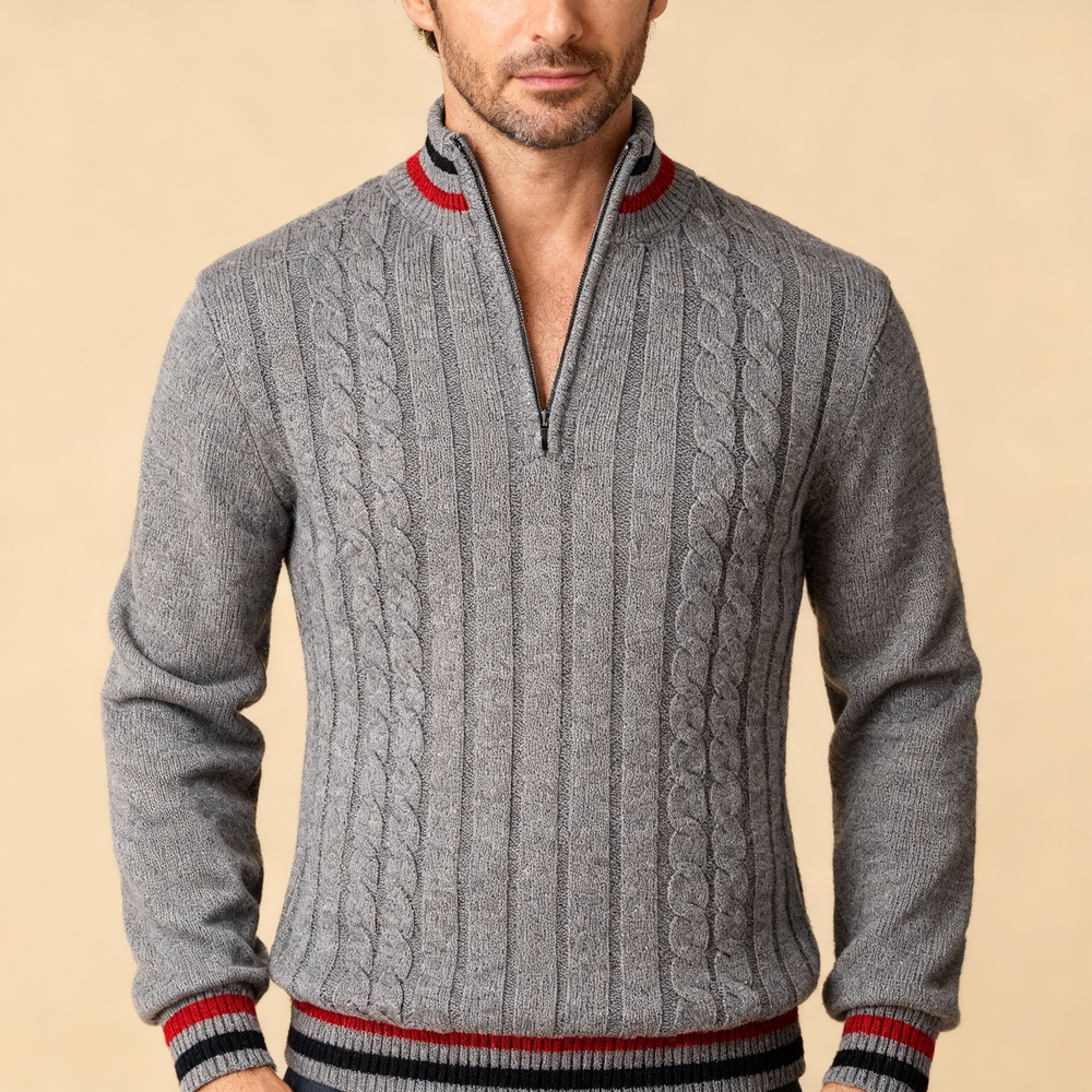 Men's Striped Turtleneck Knit Quarter-Zip Sweater, Half-Zip Ribbed Pullover