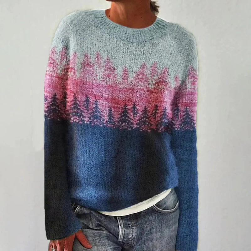 Women's Pine Tree Knit Sweater, Fuzzy Fair Isle Crewneck Pullover
