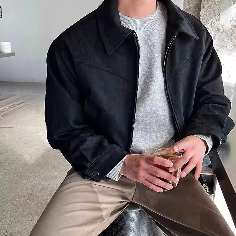 Men's Faux Suede Cropped Jacket, Zip Up Spread Collar Western Yoke Jacket
