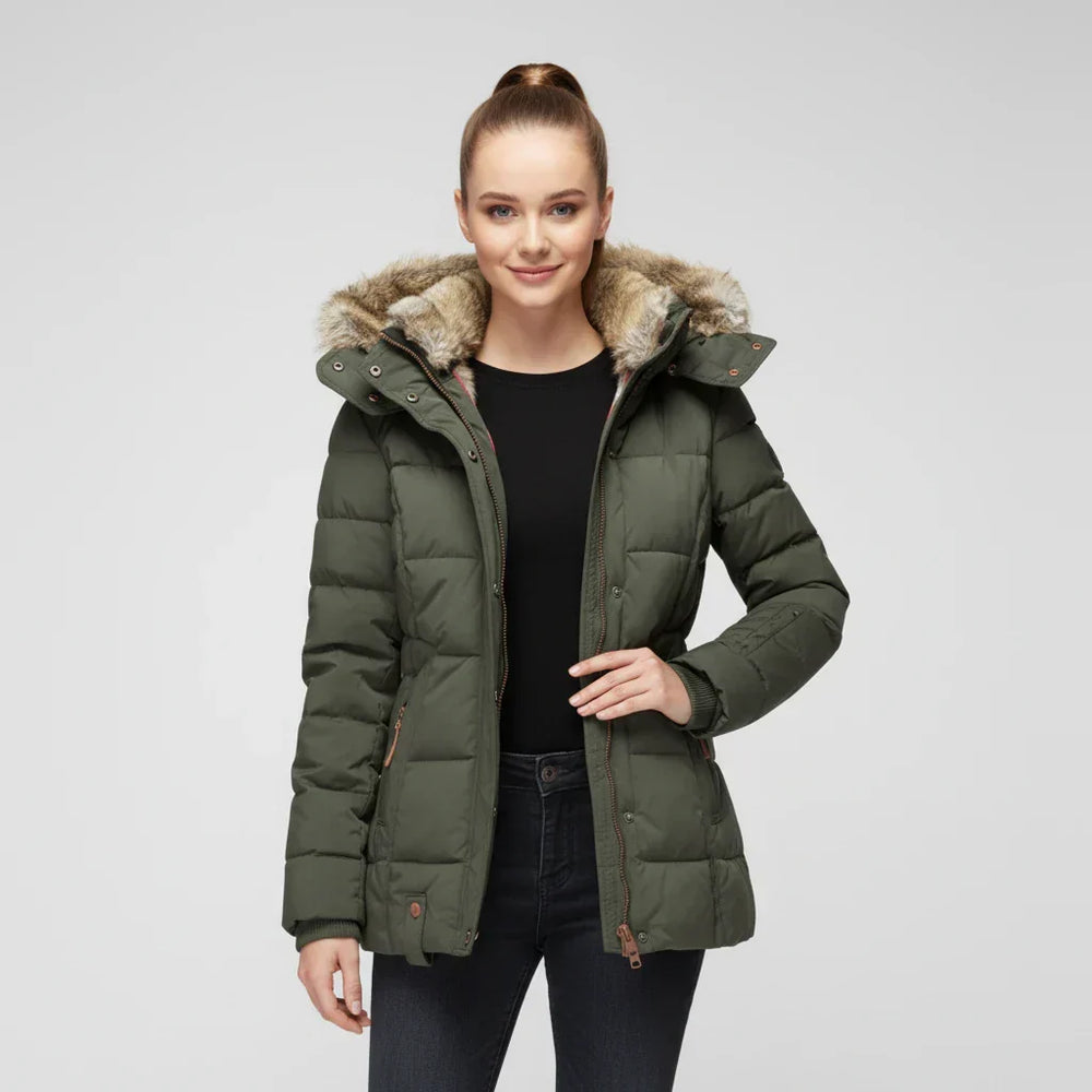 Women's Faux Fur Trim Hooded Puffer Jacket, Quilted Zip Up Snap Front Winter Coat