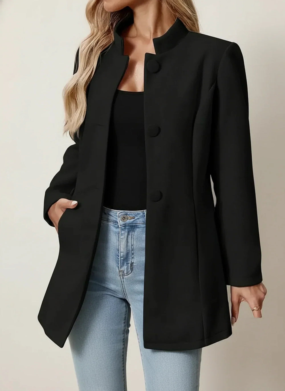 Women's Fitted Stand Collar Coat, Button Front Flared Hem Brushed Jacket