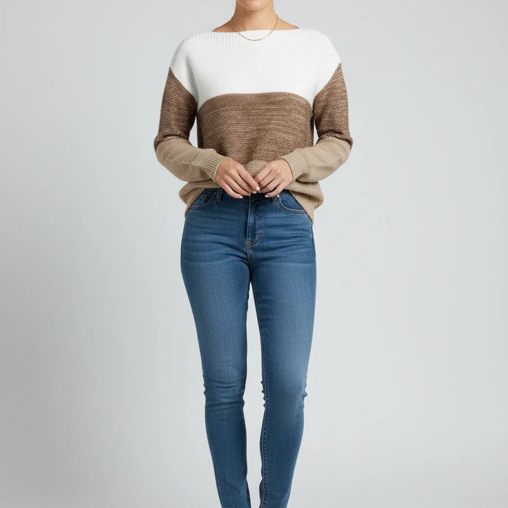 Women's Colorblock Crewneck Sweater, Ribbed Winter Pullover