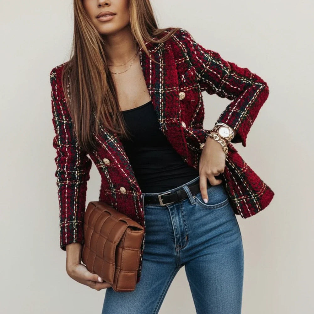 Women's Double-Breasted Knit Blazer, Tartan Structured Jacket