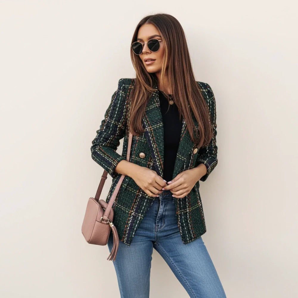 Women's Double-Breasted Knit Blazer, Tartan Structured Jacket
