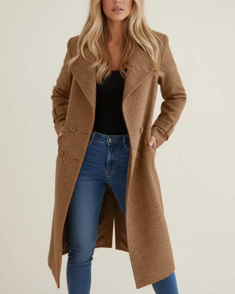 Women's Double Breasted Longline Coat, Notch Lapel Brushed Winter Overcoat