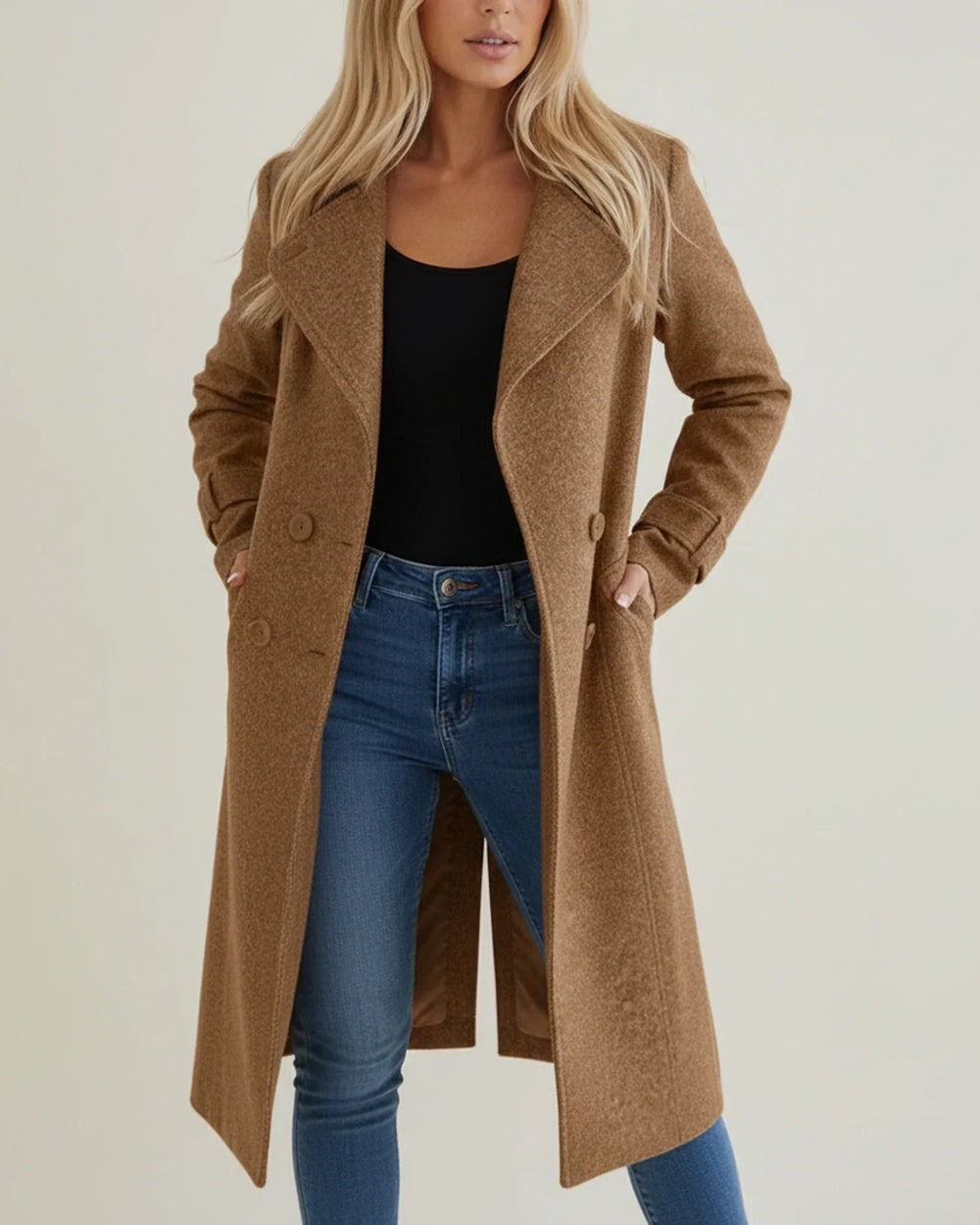 Women's Double Breasted Longline Coat, Notch Lapel Brushed Winter Overcoat