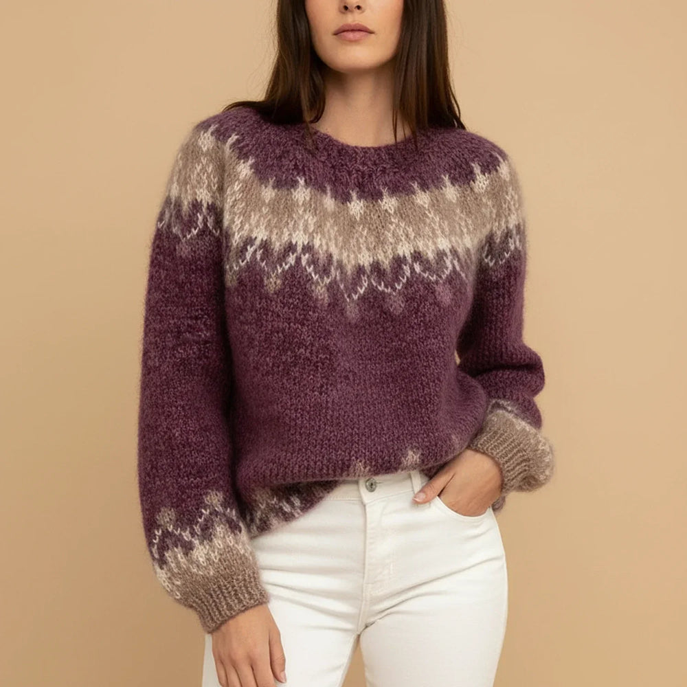 Women's Fair-Isle Crewneck Sweater, Oversized Winter Pullover