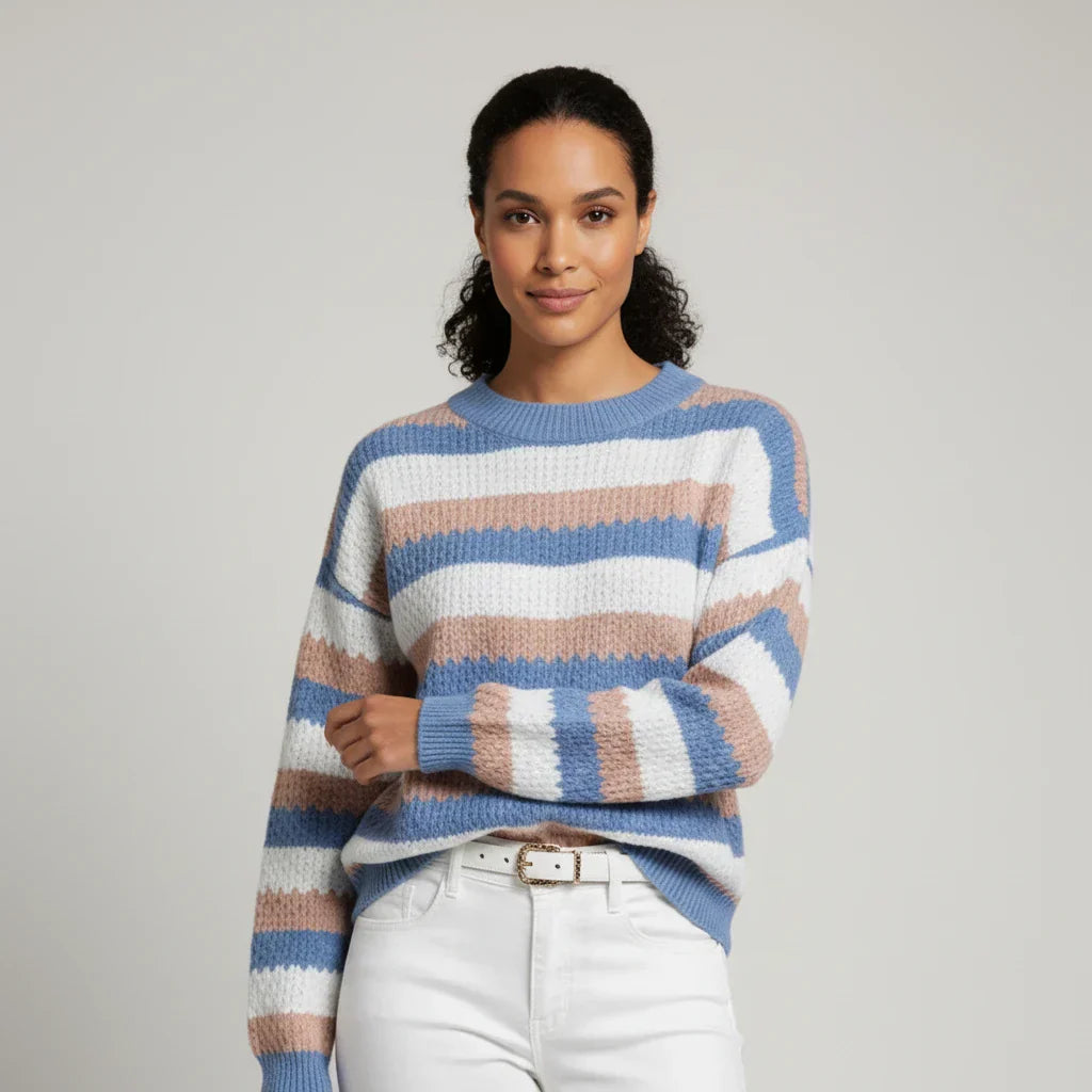 Women's Striped Knit Sweater, Crewneck Winter Pullover