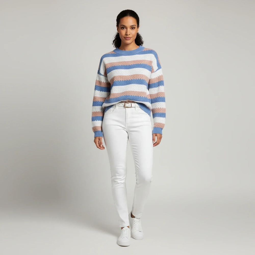 Women's Striped Knit Sweater, Crewneck Winter Pullover
