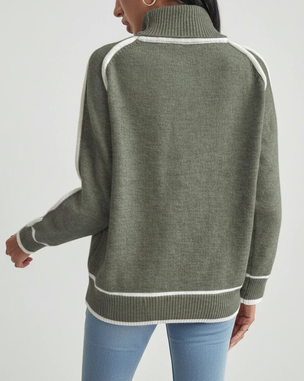 Women's Contrast Piped Turtleneck Sweater, Fine Knit Relaxed Pullover